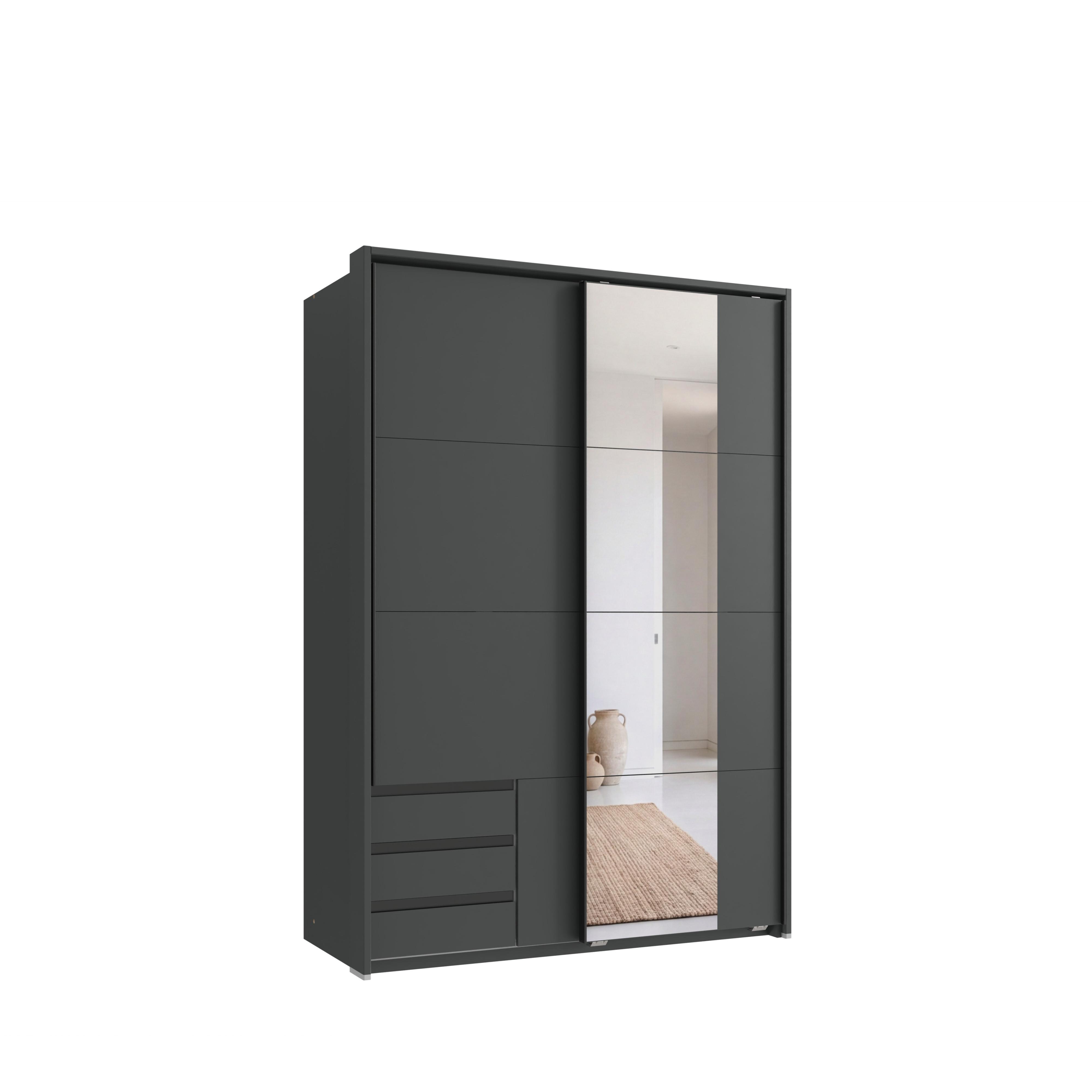 SCHWEBETÜRENSCHRANK 2-türig B138/H200/T65 cm, Passepartout-Kleiderschrank in Grafit mit sichtbaren Schubkästen & Spiegel / 22686 - Graphitfarben/Schwarz, Holz/Holzwerkstoff (138/200/65cm) - luma-home