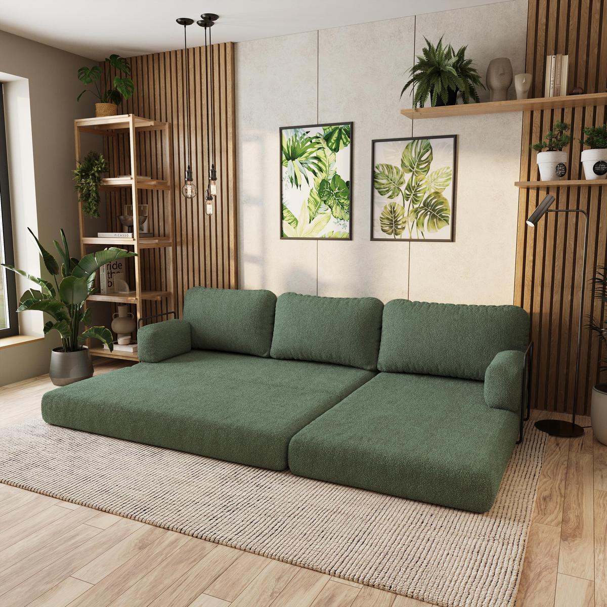 ECKSOFA LEA modulares Boneless Sofa mit Schlaffunktion Grün Boucle-Stoff - Grün, Textil (270/160cm) - MASSENO