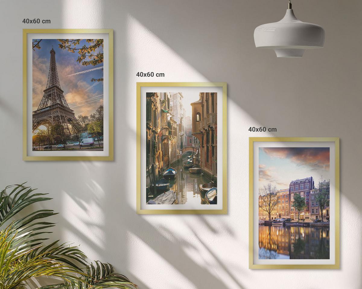BILDER SET 3er Set - 40x60 cm Goldrahmen - Eiffelturm Venedig Amsterdamer Kanäle - Goldfarben, Kunststoff (40/60cm) - TULUP