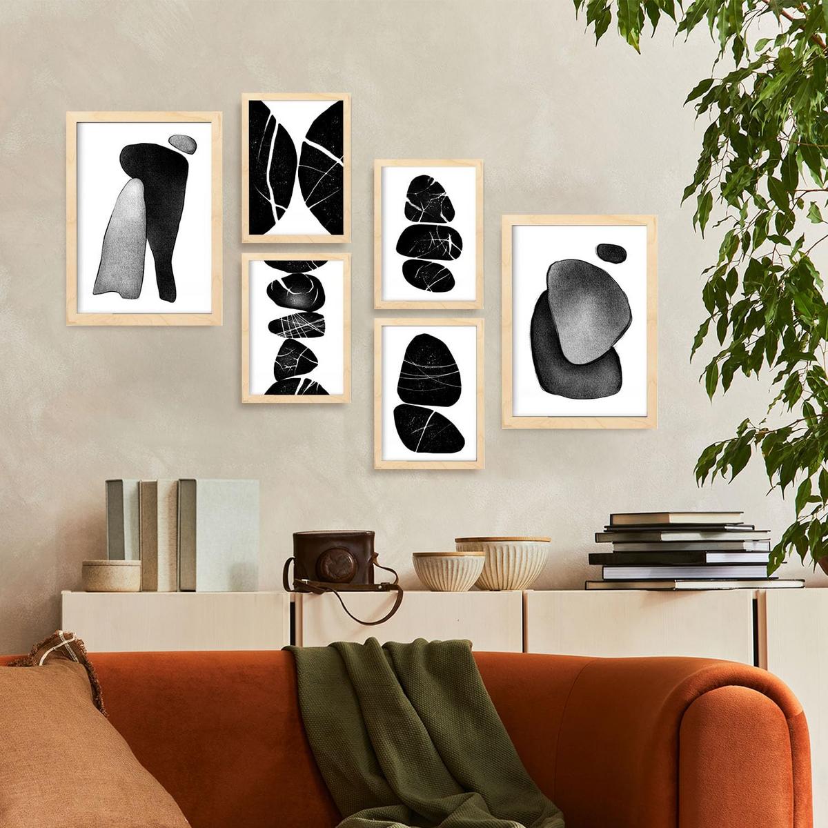 POSTER Set Mit 6 Palladische Gesteine In Liebhaber Abstrakt Ästhetische Dekorative Gemälde Für Ihr Wohnzimmer Zuhause A3 & A4 Rahmen Aus Hellem Holz - Beige, Papier (29/3cm) - Nacnic