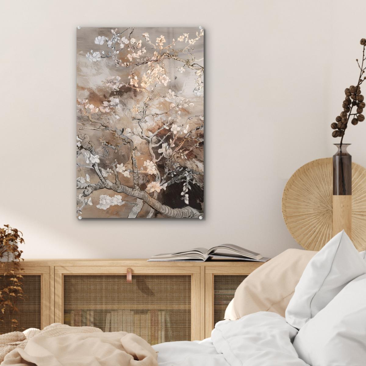 ACRYLGLASBILD Mandelblüte - Kunst - Van Gogh - Beige - Abstrakt Wanddeko Wohnzimmer 40x60 cm - Braun, Glas (40/60cm) - MuchoWow