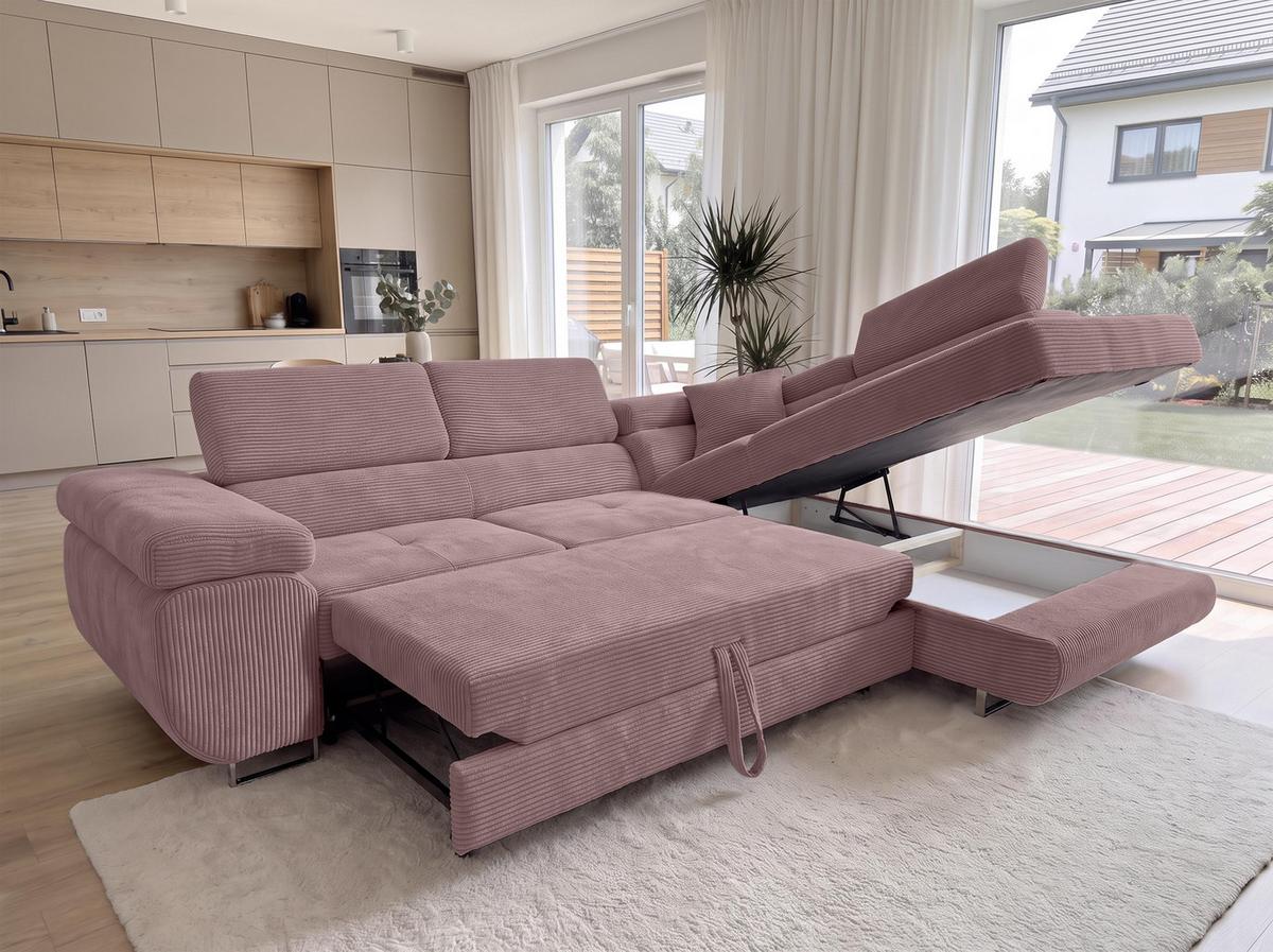 ECKSOFA L Form Konak Rosa 276/201/90 cm Rechts mit Schlaffunktion - Silberfarben/Rosa, Textil/Metall (276/203cm) - AX Living