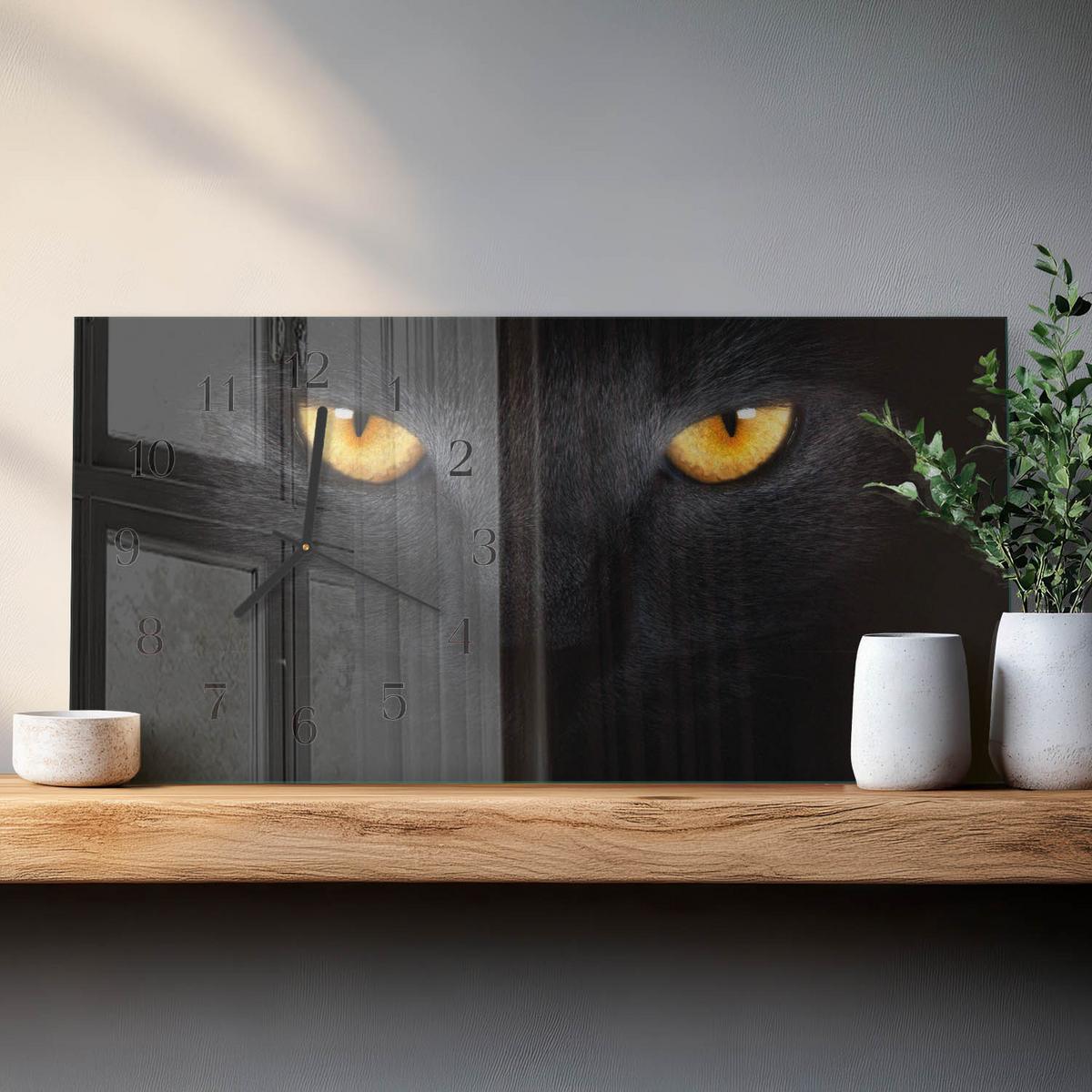 WANDUHR aus Glas 60x30 cm - Katze - Schwarz, Glas (60/30/0.4cm) - TULUP