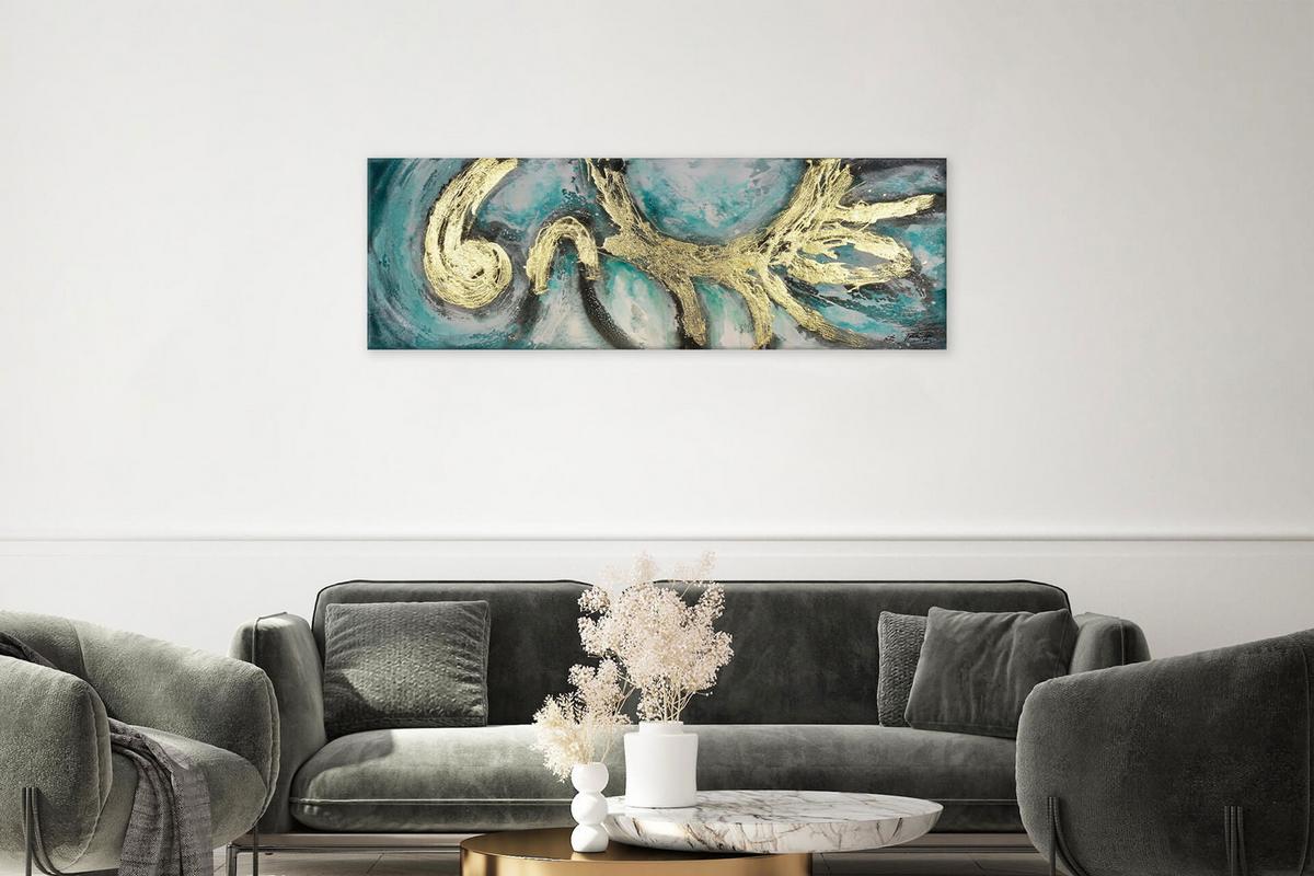 ÖLGEMÄLDE 150/50 cm - Türkis/Weiß, Holz/Textil (150/50cm) - KUNSTLOFT