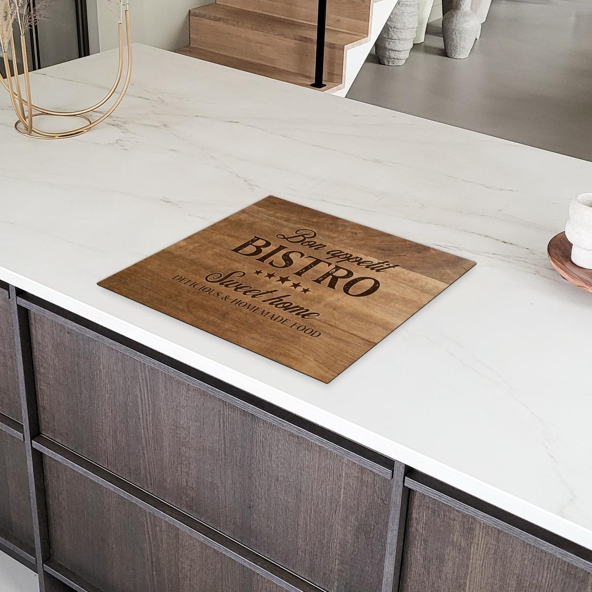 HERDABDECKPLATTE Zitat - Bistro - Guten Appetit - Süßes Zuhause - Holzmaserung Abdeckung Ceranfeld 58.3x51.3 cm - Braun, Kunststoff (58.3/51.3/0.2cm) - MuchoWow