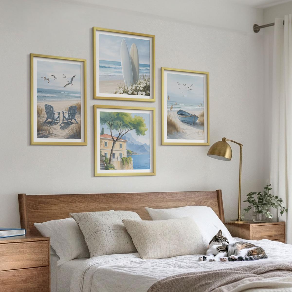 BILDER SET 4er Set - 50x50 cm & 40x60 cm Goldrahmen - Strandbretter, Surfboote, Vögel - Goldfarben, Kunststoff (50/50cm) - TULUP