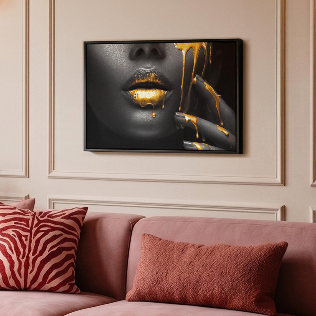 LEINWAND Bilder mit Rahmen - Frau - Schwarz - Gold - Gesicht - Lippen - 60x40 - Goldfarben, Textil (60/40cm) - MuchoWow