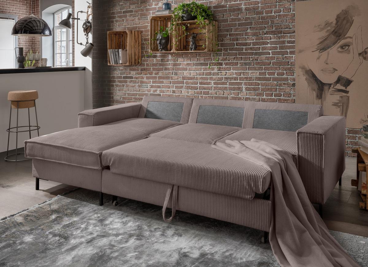 ECKSOFA mit Schlaffunktion, Bettkasten, Wellenunterfederung, Récamiere links B240/T150/H92 cm, Liegefl. 125x198 cm, Cord Braun Taupe / 17225 - Schwarz/Braun, Textil/Metall (240/150cm) - luma-home