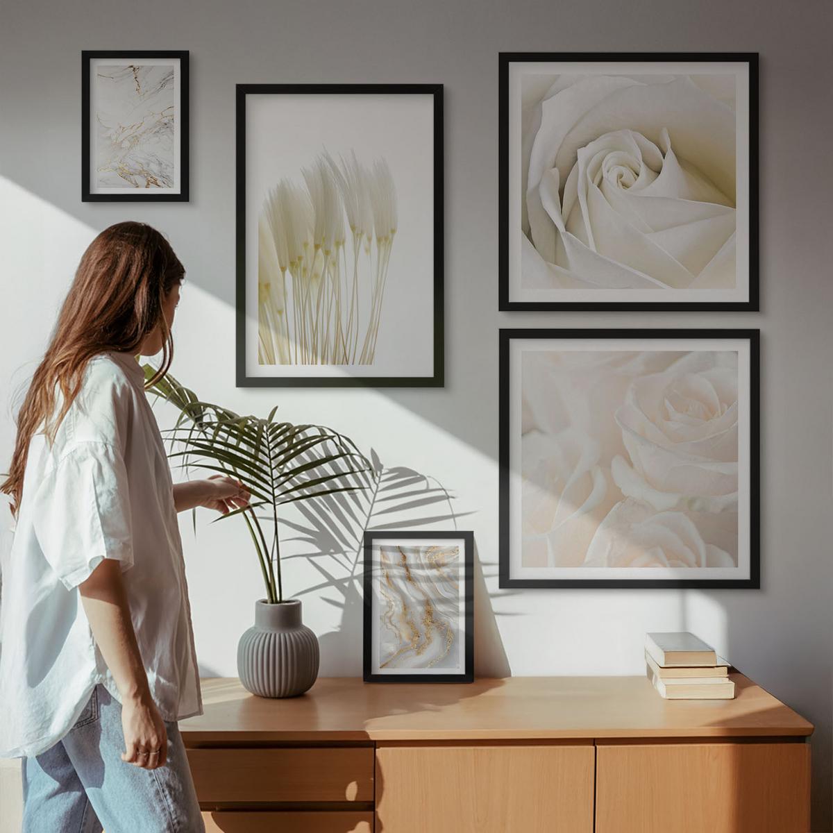 BILDER SET 5er Set - 50x50 cm & 20x30 cm & 40x60 cm Schwarzer Rahmen - Elegante Marmormuster - Schwarz, Kunststoff (40/60cm) - TULUP