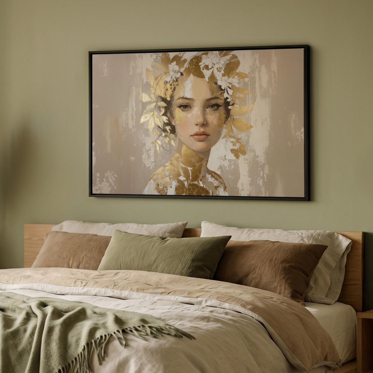 LEINWAND Bilder mit Rahmen - Gesicht - Frau - Blätter - Gold - 90x60 - Beige, Textil (90/60cm) - MuchoWow