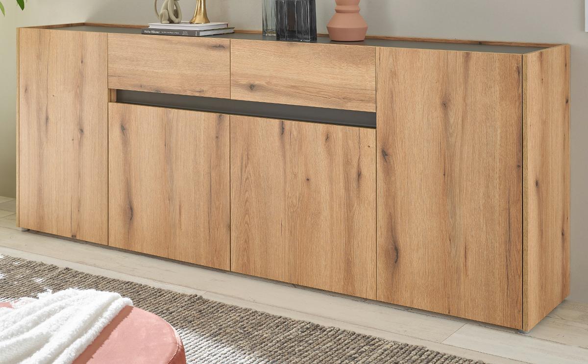 SIDEBOARD Evoke Eiche mit Grau, 4-türige Kommode 223 x 87 cm - Eichefarben/Silberfarben, Holzwerkstoff/Kunststoff (312/198/42cm) - Furn.Design