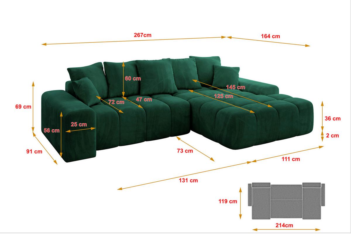 ECKSOFA Ottomane Rechts ENSI-L - 267x164x69 cm Dunkelgrün - Dunkelgrün, Holzwerkstoff/Kunststoff (164/267cm) - ALTDECOR