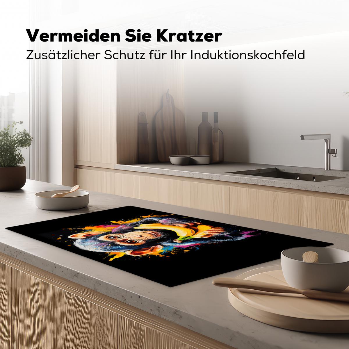 HERDABDECKPLATTE Affe - Graffiti - Farbenfroh - Bananen - Modern Induktionsschutz 91.6x52.7 cm - Gelb, Kunststoff (91.6/52.7/0.2cm) - MuchoWow