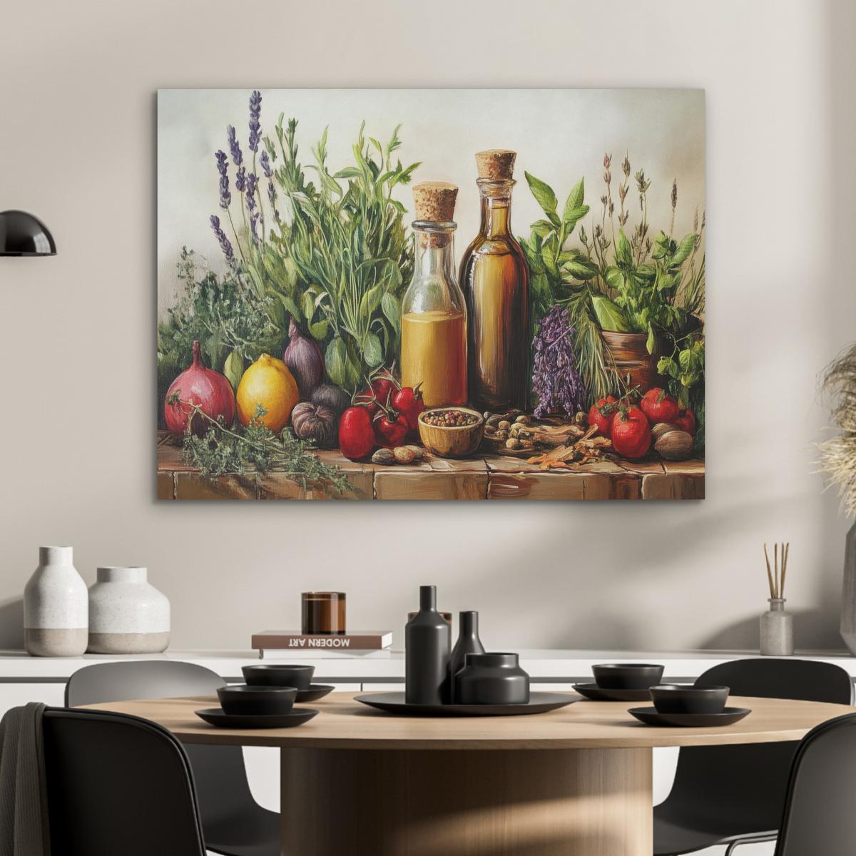 AKUSTIKBILD Stilleben - Kräuter - Gewürze - Früchte - Farbenfroh Gemälde 80x60 cm - Grün, Kunststoff (80/60/0.9cm) - MuchoWow