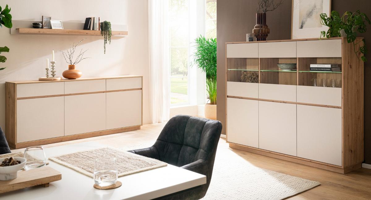 BUFFET Kaschmir, Eiche Artisan 202 x 199 cm, Vitrinenschrank mit Soft-Close - Kaschmir/Eiche Artisan, Glas/Holzwerkstoff (202/199/40cm) - Furn.Design