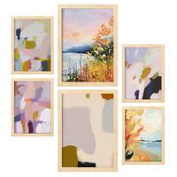 POSTER Set Mit 6 See Sonnenuntergang In Zusammenfassungen A3 & A4 Rahmen Aus Hellem Holz - Beige, Papier (29/3cm) - Nacnic