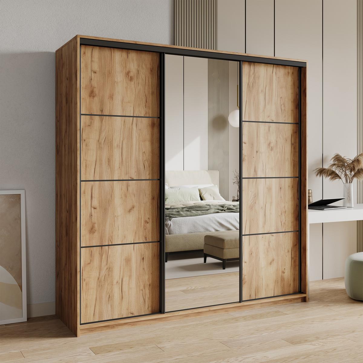 SCHWEBETÜRENSCHRANK VARO 200/205/60 cm 3-türig mit Spiegel Orange - Orange, Holzwerkstoff (200/205/60cm) - MASSENO