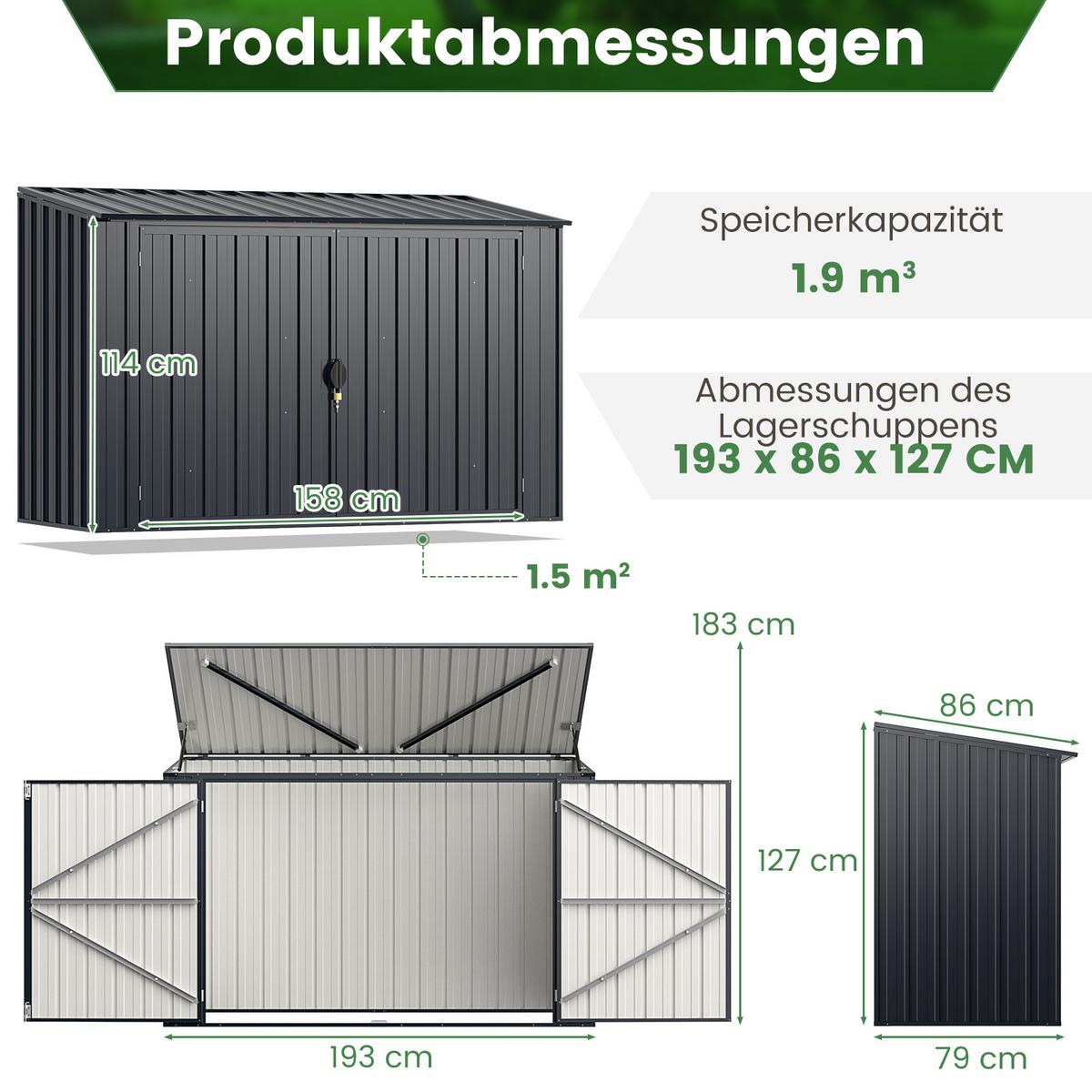 MÜLLTONNENBOX mit abschließbarer Tür grau - Grau, Metall (158/127/79cm) - COSTWAY
