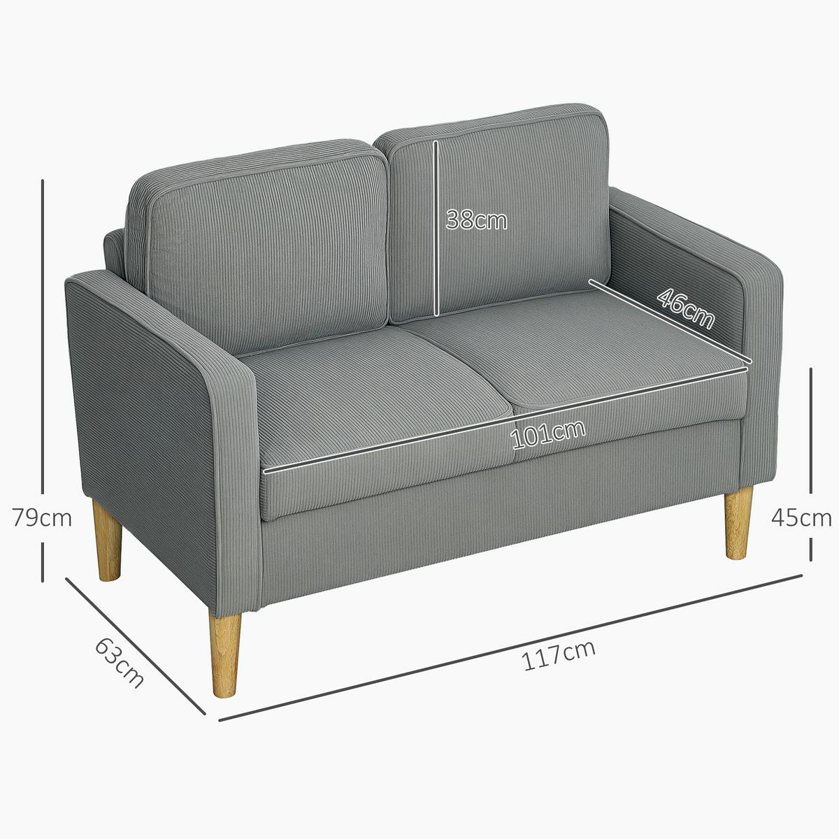 SOFA 2 Sitzer klein Couch mit Armlehne, Stauraum für Wohnzimmer, Hellgrau - Hellgrau/Naturfarben, Holz/Textil (63/79/117cm) - HOMCOM