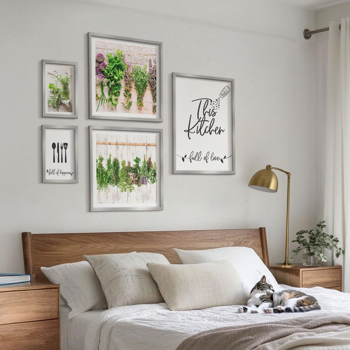 BILDER SET 5er Set - 50x50 cm & 20x30 cm & 40x60 cm Silberner Rahmen - Küchenthema: Getrocknete Kräuter - Silberfarben, Kunststoff (40/60cm) - TULUP