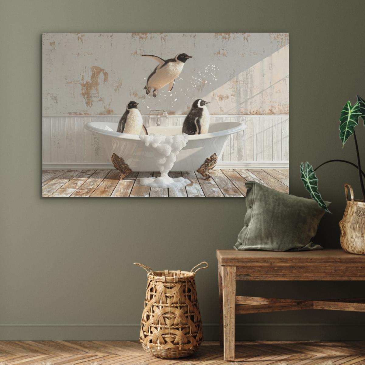 AKUSTIKBILD Vintage - Pinguin - Badewanne - Schaumstoff Wandbild Wohnzimmer 100x70 cm - Schwarz, Kunststoff (100/70/0.9cm) - MuchoWow
