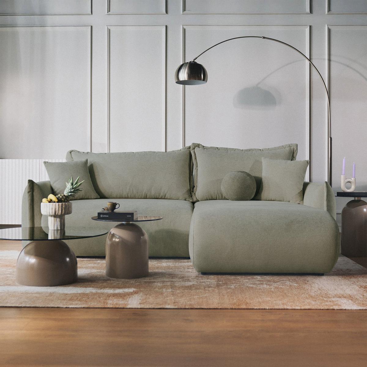 ECKSOFA Cushi Salbeigrün-Chenille - Schwarz/Hellgrün, Kunststoff/Textil (183/252cm) - Selsey