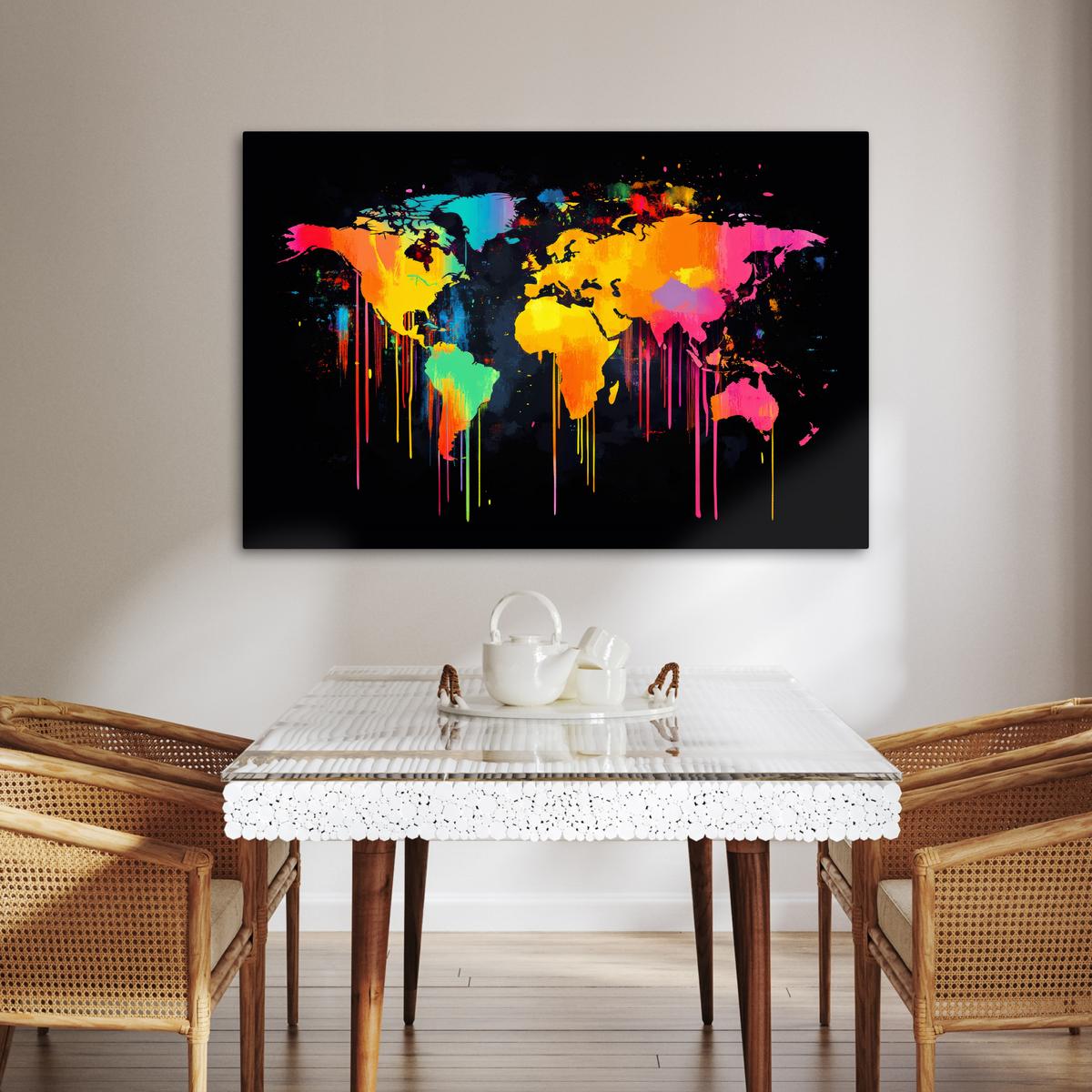 LEINWANDBILD Weltkarte - Farbe - Bunt - Graffiti - Welt Wohnzimmer Groß 120x80 cm - Multicolor, Textil (120/80cm) - MuchoWow