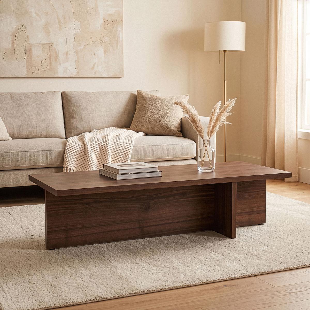 COUCHTISCH mit rechteckiger Platte und asymmetrischem Fuß L120 cm - HARBOR - Naturfarben, Holzwerkstoff (120/45/30cm) - Calicosy