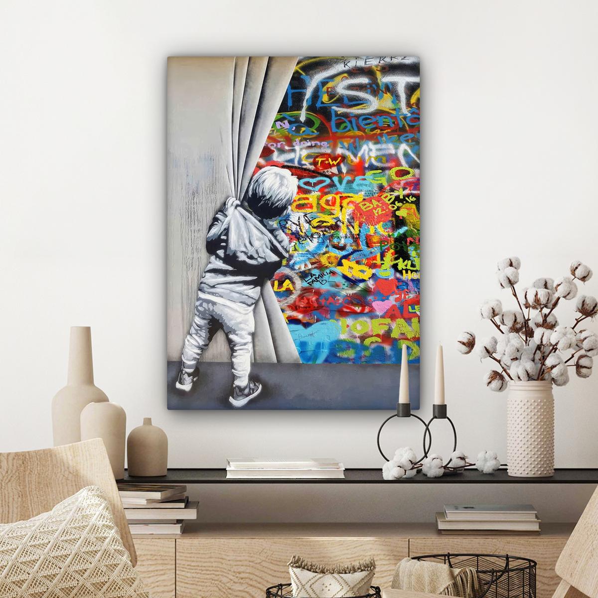 LEINWANDBILD Graffiti - Junge - Ilussie - Straßenkunst Wandbild Wohnzimmer 60x80 cm - Hellgrau, Textil (60/80cm) - MuchoWow