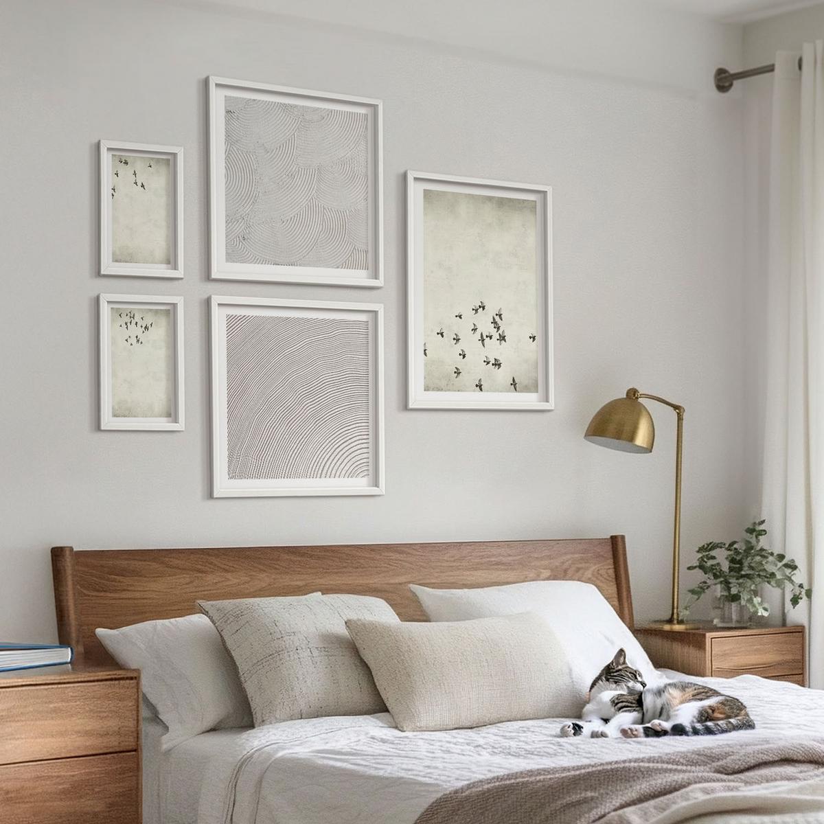 BILDER SET 5er Set - 50x50 cm & 20x30 cm & 40x60 cm Weißer Rahmen - Minimalistische Vogelmalerei - Weiß, Kunststoff (40/60cm) - TULUP