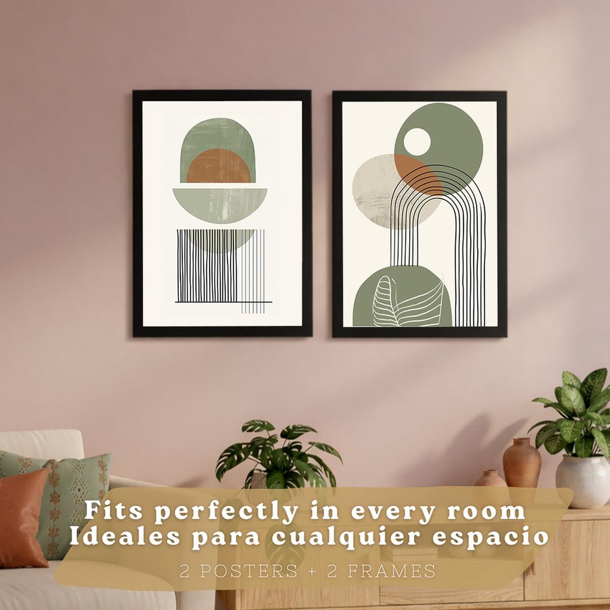 POSTER 3er Kunstdruck-Set Wandbilder Abstrakt Grün modern Wohnzimmer Deko, Schlafzimmer, Küche, Badezimmer Schwarzer Rahmen A3 - Schwarz, Papier (29.7/1/42cm) - Nacnic