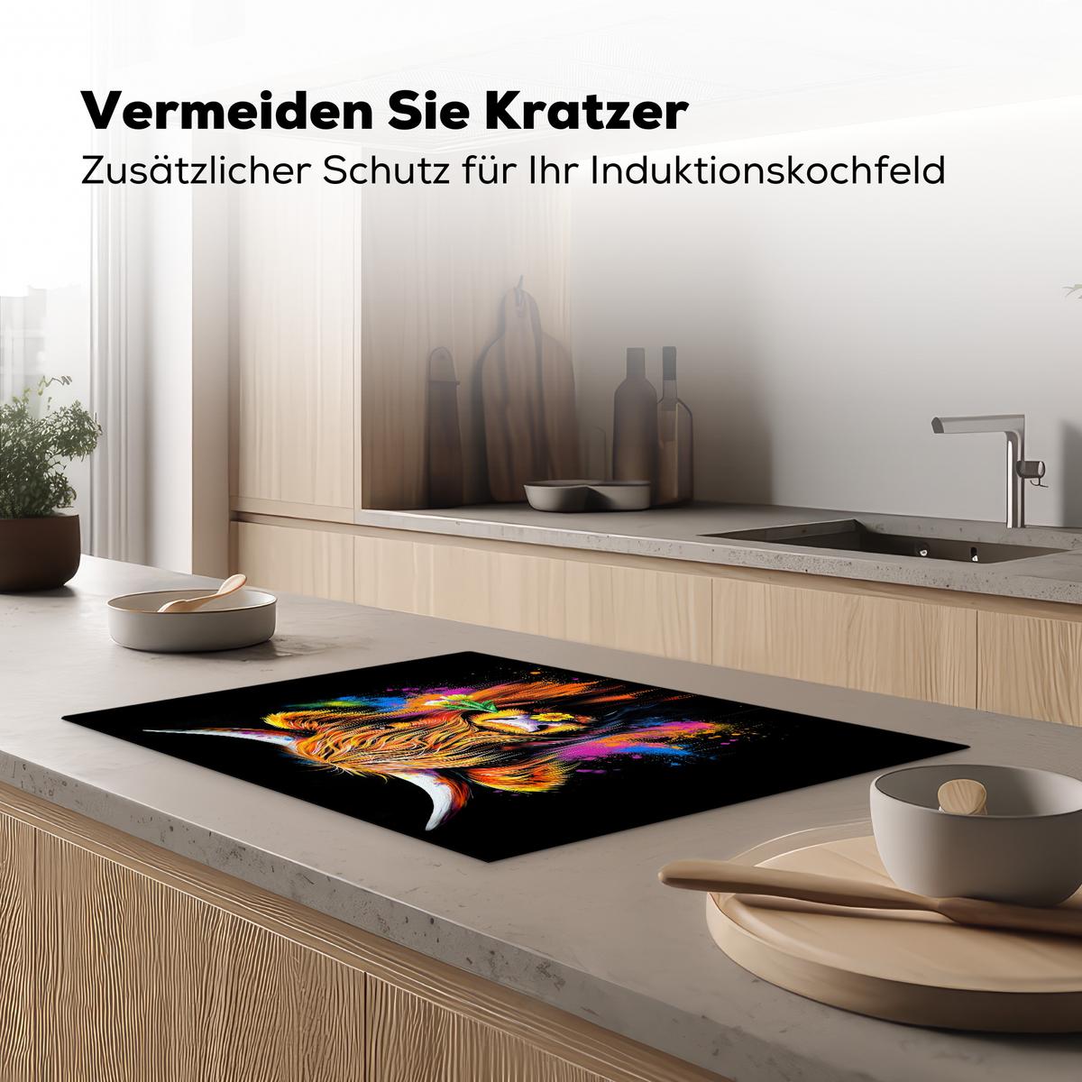 HERDABDECKPLATTE Schottischer Highlander - Graffiti - Bunt - Blume - Tiere Herdabdeckung Induktionsfeld 75x52 cm - Multicolor, Kunststoff (75/52/0.2cm) - MuchoWow
