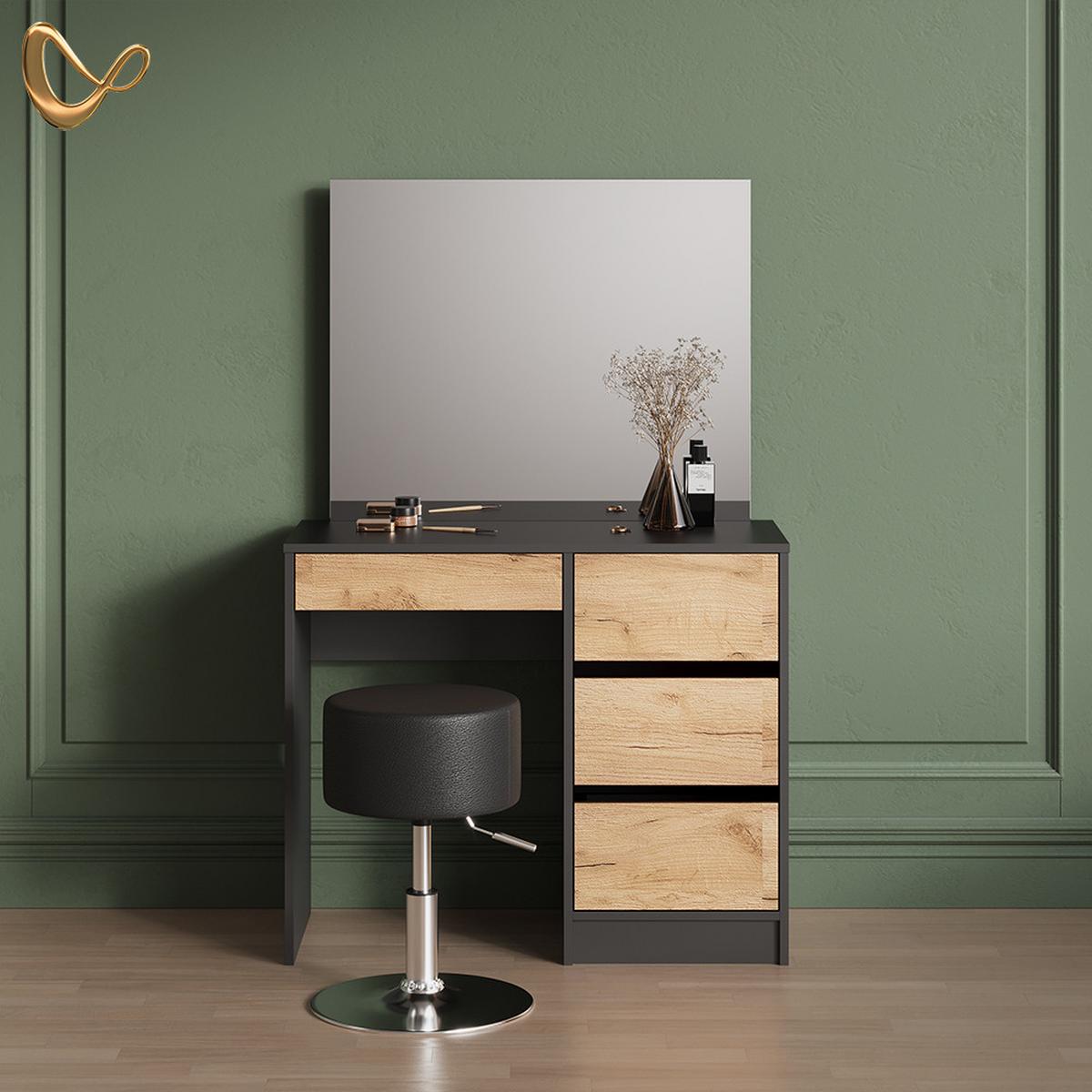 SCHMINKTISCH Imola Anthrazit/Goldkraft Eiche 90 cm mit Hocker - Honigeiche/Anthrazit, Holzwerkstoff (90/75/55cm) - Livinity®