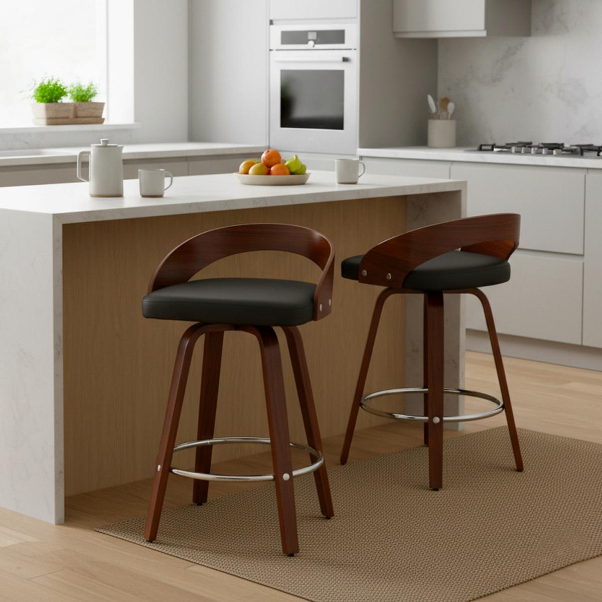 BARHOCKER SET 2 STK. Walnuss Holz Drehbar mit Polstersitz Schwarz - Schwarz, Leder (48/77.5/46.5cm) - Urban Meuble