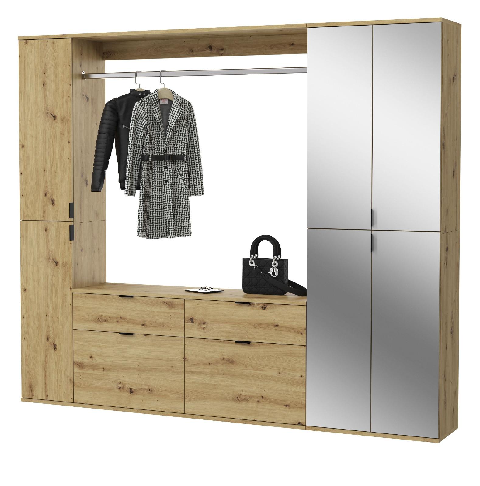 GARDEROBEN-SET Eiche 212 cm, Komplett Garderobe mit Spiegel und viel Stauraum - Schwarz/Eiche Artisan, Glas/Holzwerkstoff (212/193/34cm) - Inn.Furn