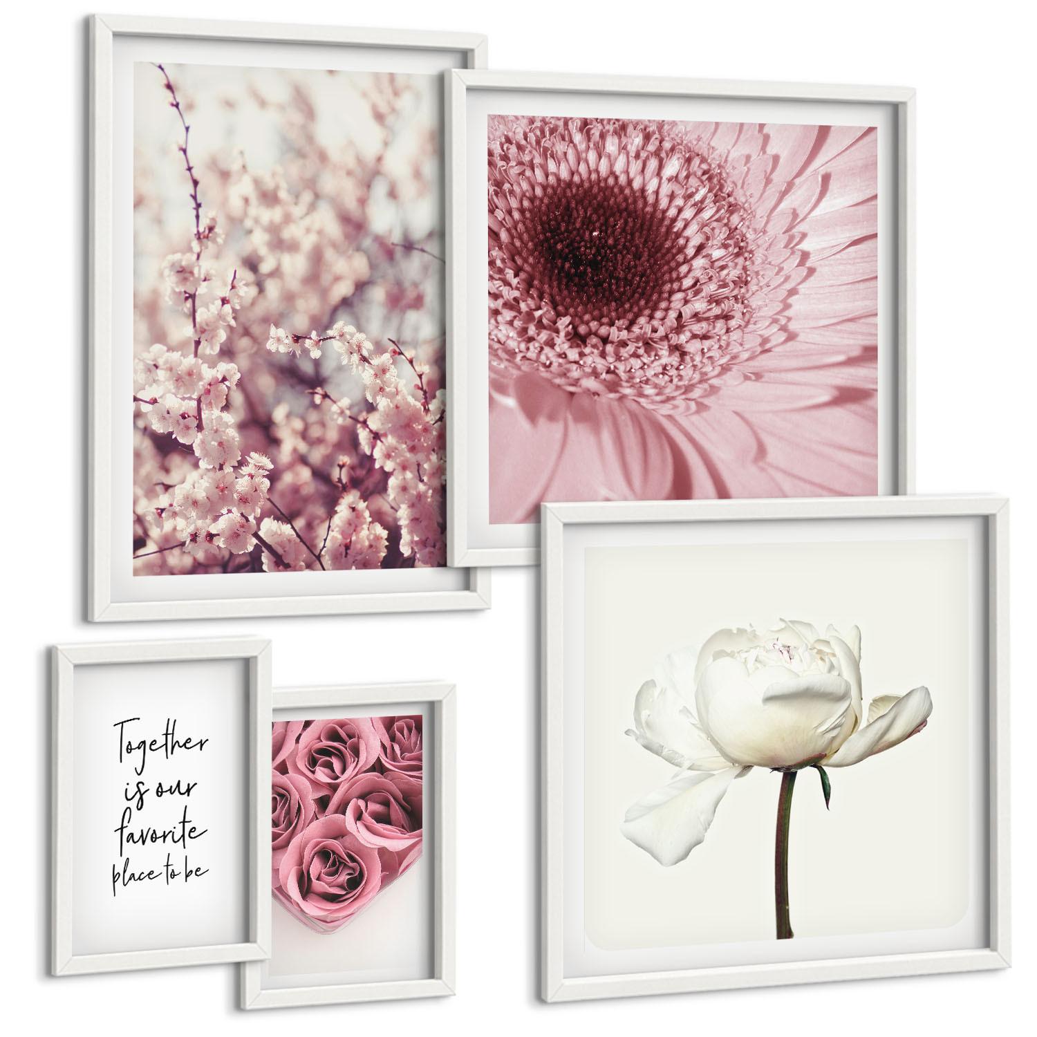 BILDER SET 5er Set - 50x50 cm & 20x30 cm & 40x60 cm Weißer Rahmen - Blumensträuße mit Rosen, Hausinschrift - Weiß, Kunststoff (40/60cm) - TULUP