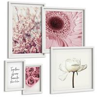 BILDER SET 5er Set - 50x50 cm & 20x30 cm & 40x60 cm Weißer Rahmen - Blumensträuße mit Rosen, Hausinschrift - Weiß, Kunststoff (40/60cm) - TULUP