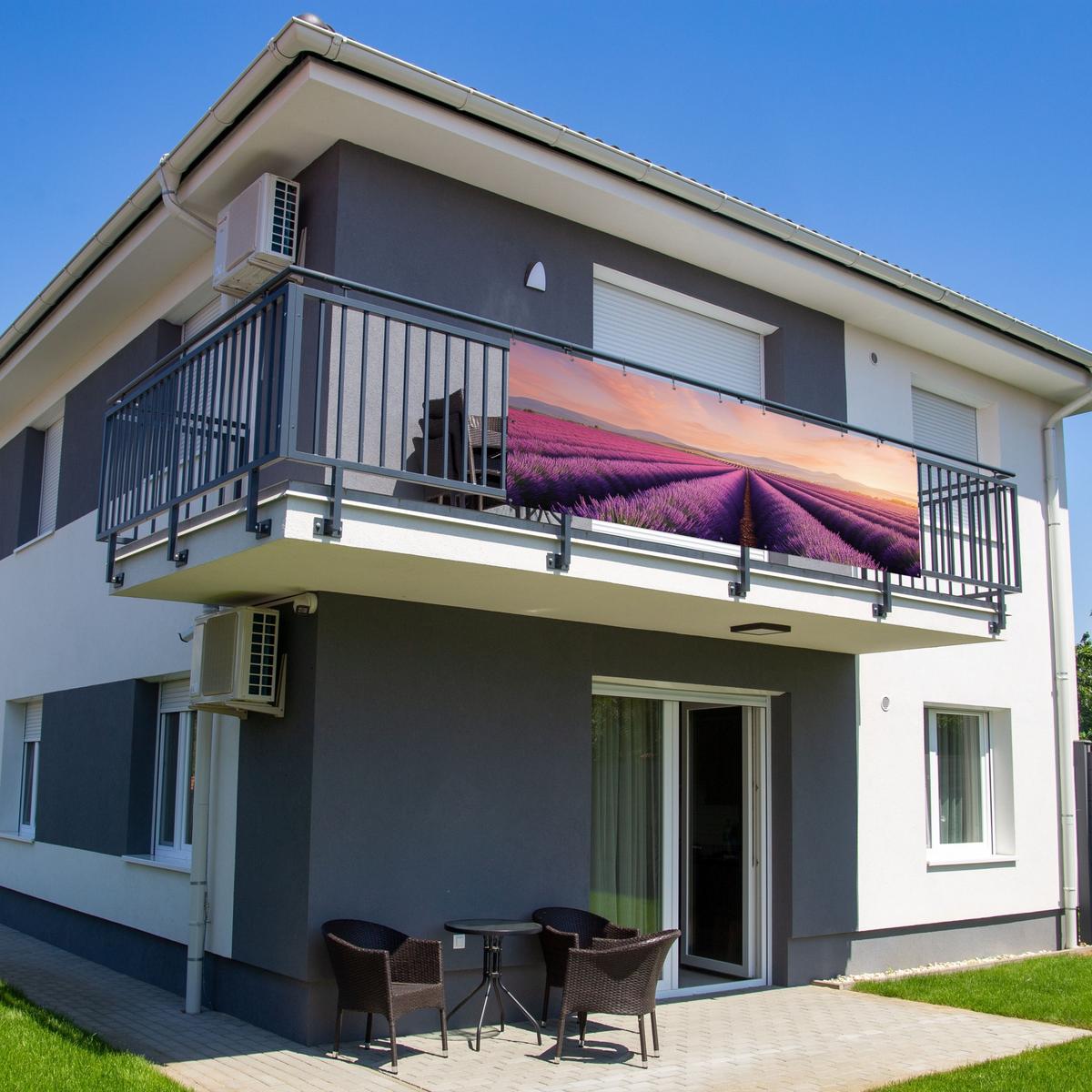 BALKON-SICHTSCHUTZ Lavendelfeld - Sonnenuntergang - Lila - Blumen Windschutz 300x100 cm - Violett, Kunststoff (300/100cm) - MuchoWow