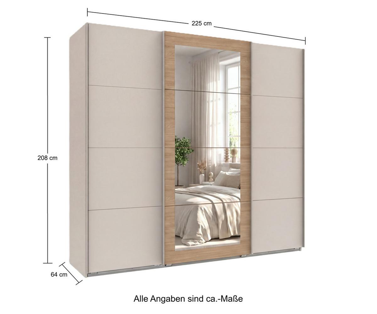 SCHWEBETÜRENSCHRANK 3-türig B225/H208/64 cm Kleiderschrank in Beige Grau, Spiegel umrahmt in Eiche Natur, Griffe Beige Grau / 22625 - Beige/Grau, Holzwerkstoff/Metall (225/208/64cm) - luma-home