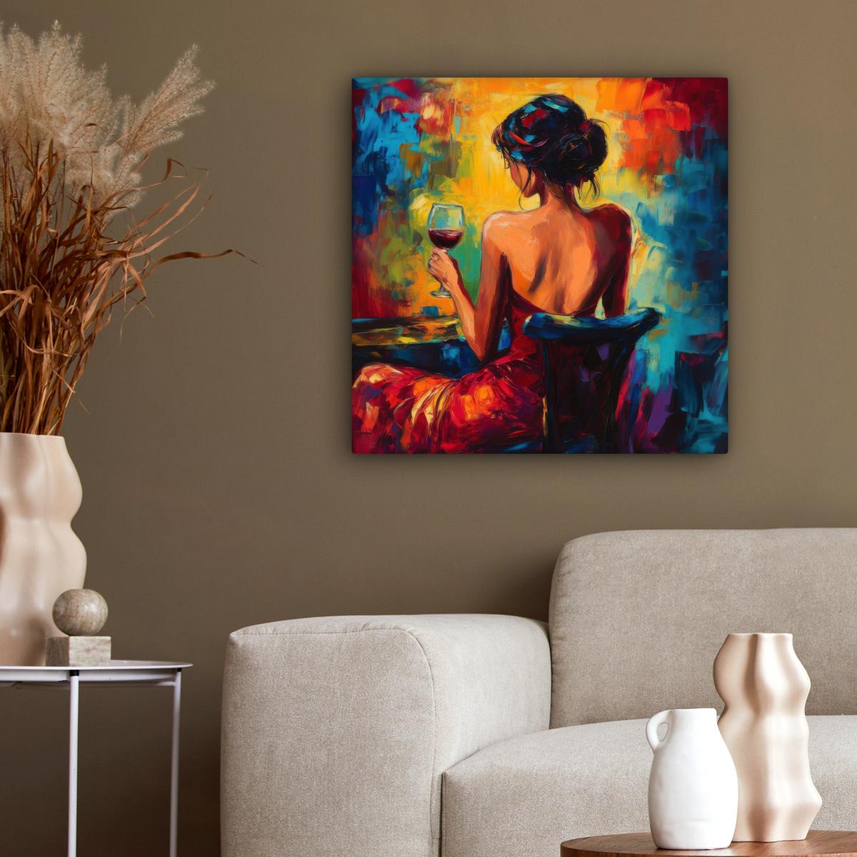 LEINWANDBILD Wein - Frau - Stimmungsvoll - Farbenfroh Wandbild Wohnzimmer 50x50 cm - Bordeaux, Textil (50/50cm) - MuchoWow