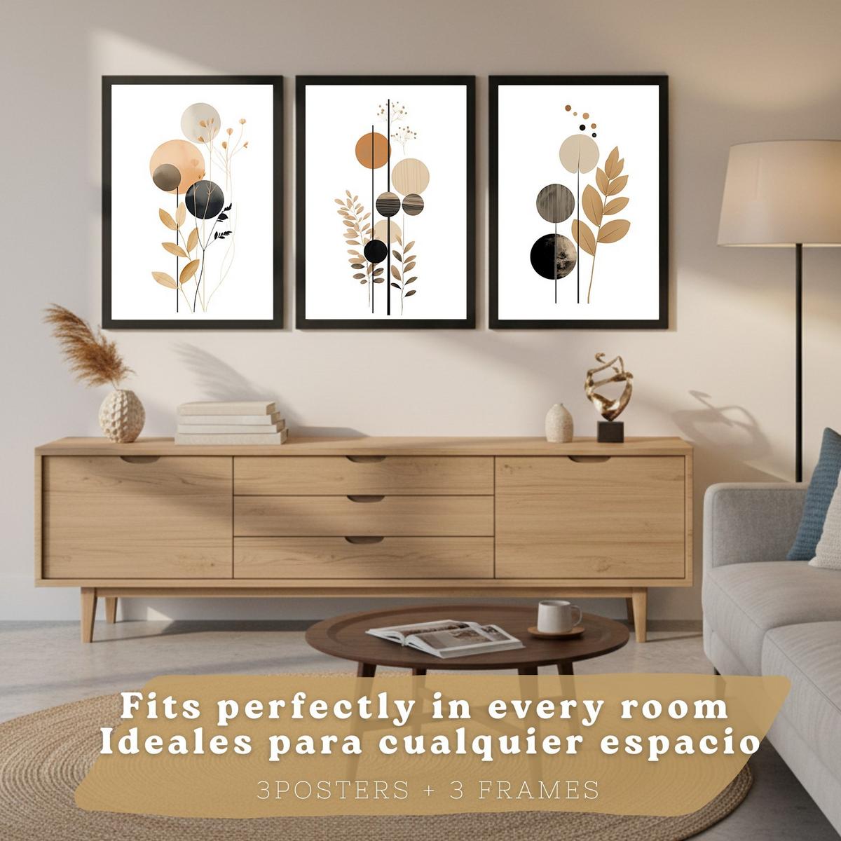 POSTER 3er-Set Wandbilder Geometrische Blumen modern Wohnzimmer Deko, Schlafzimmer, Küche, Badezimmer Schwarzer Rahmen A3 - Schwarz, Papier (29.7/1/42cm) - Nacnic