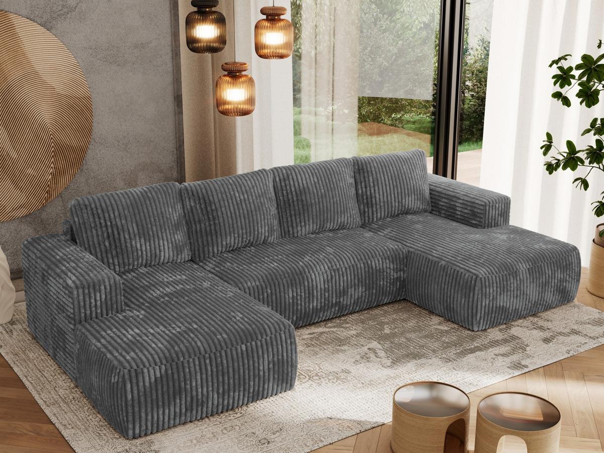 WOHNLANDSCHAFT TRENTINO U Dunkelgrau Cord - Dunkelgrau/Schwarz, Kunststoff/Textil (334/91/163cm) - MKS