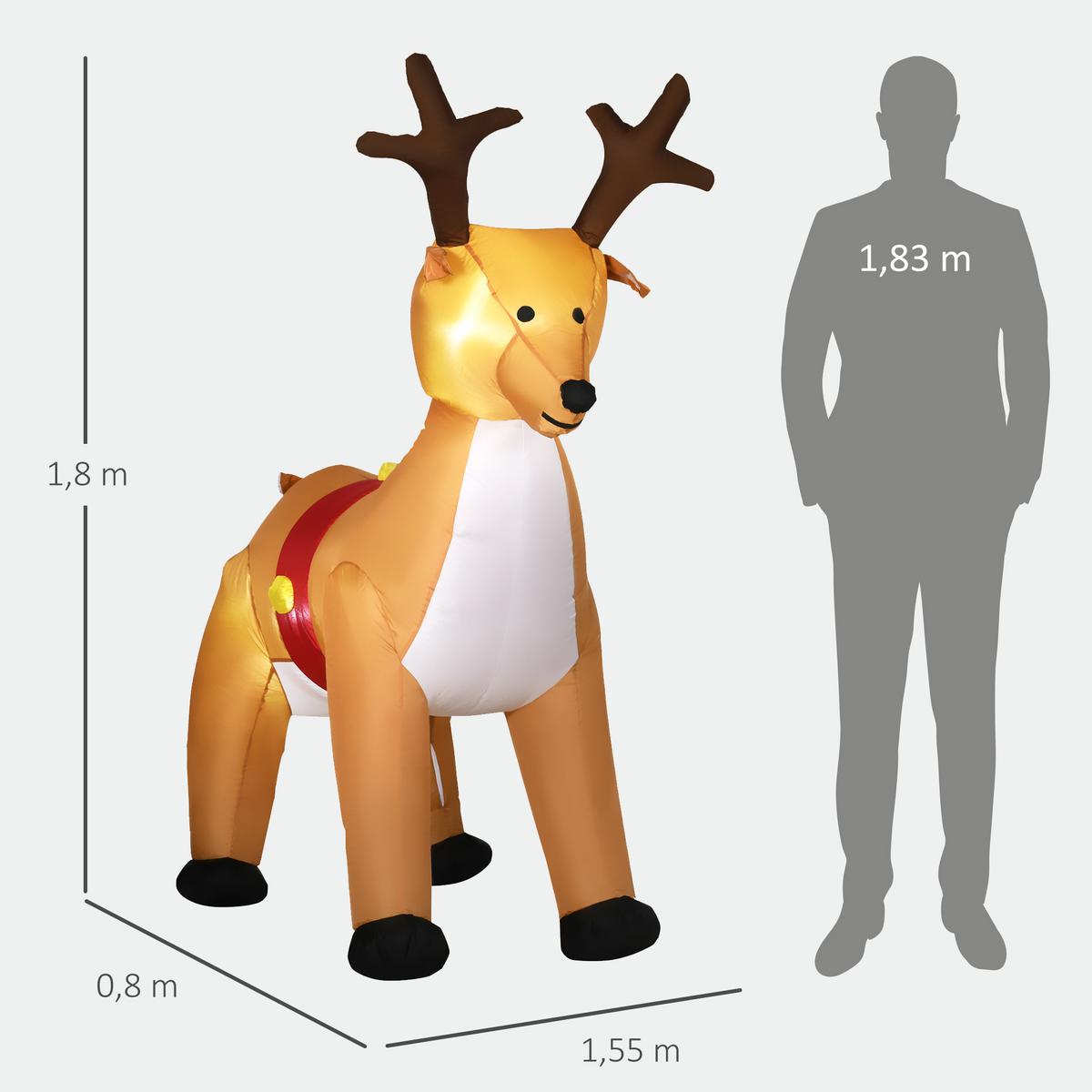 AUFBLASBARES Weihnachts-Rentier 180 cm aufblasbare Weihnachtsdeko mit LED - Gelb, Textil (80/180/155cm) - HOMCOM