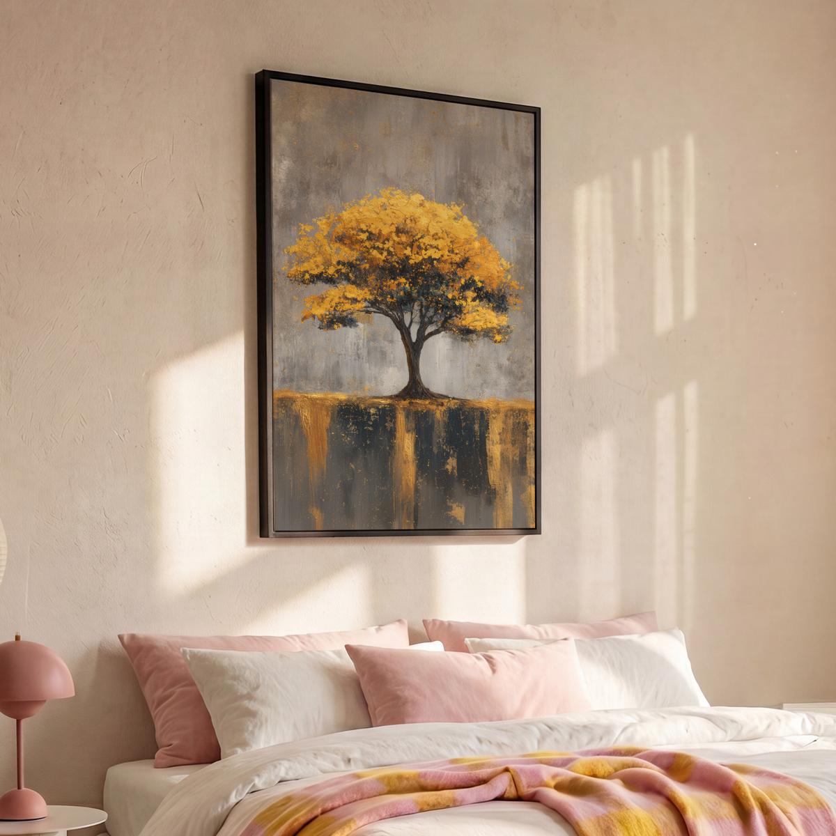LEINWAND Bilder mit Rahmen - Baum - Blätter - Gold - Abstrakt - 100x150 - Grau, Textil (100/150cm) - MuchoWow