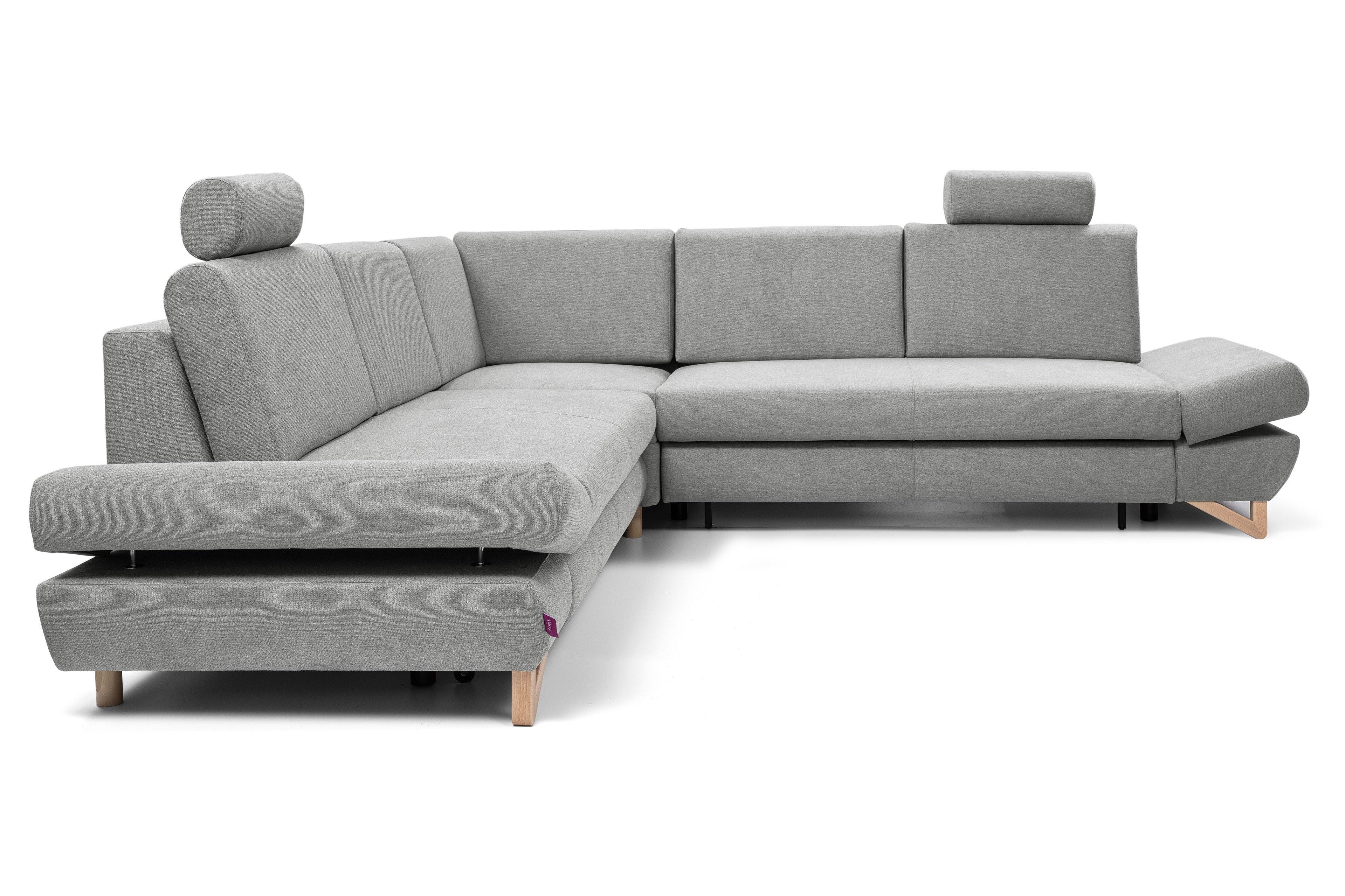 ECKSOFA CASA III L-S Grau Plüsch-Stoff mit Schlaffunktion - Grau, Holz (272/272cm) - MASSENO
