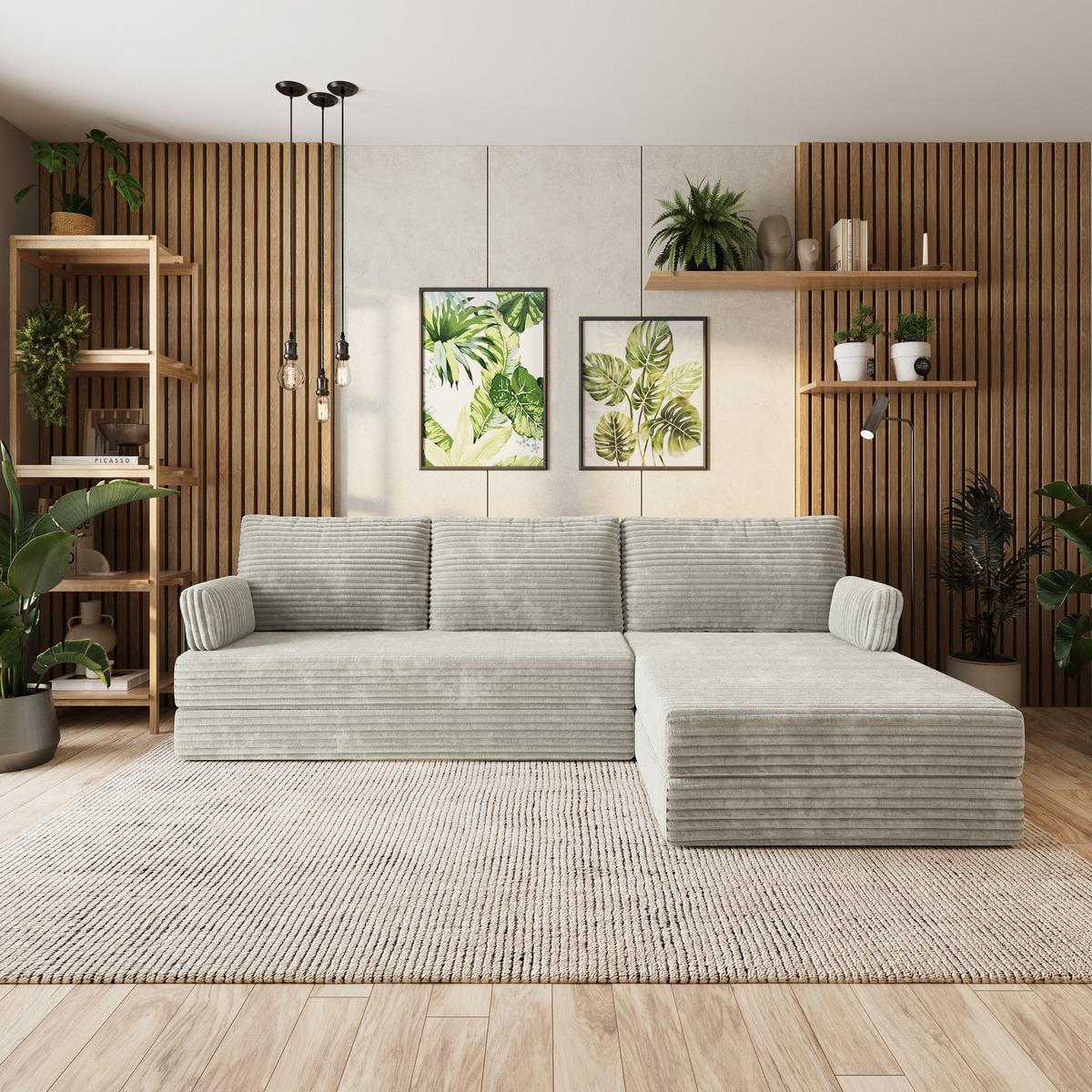 ECKSOFA ANKO modulares Boneless Sofa mit Schlaffunktion Hellgrau Kordstoff - Hellgrau, Textil (270/160cm) - MASSENO