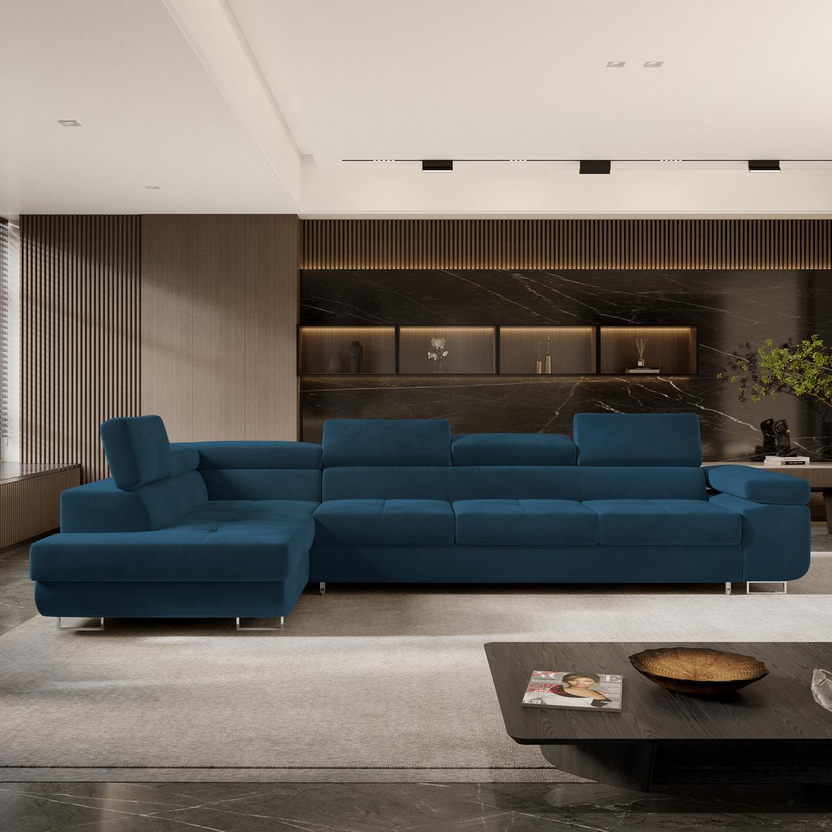 ECKSOFA VICENTE Blau Velours-Stoff mit Schlaffunktion - Blau, Holz (346/202cm) - MASSENO
