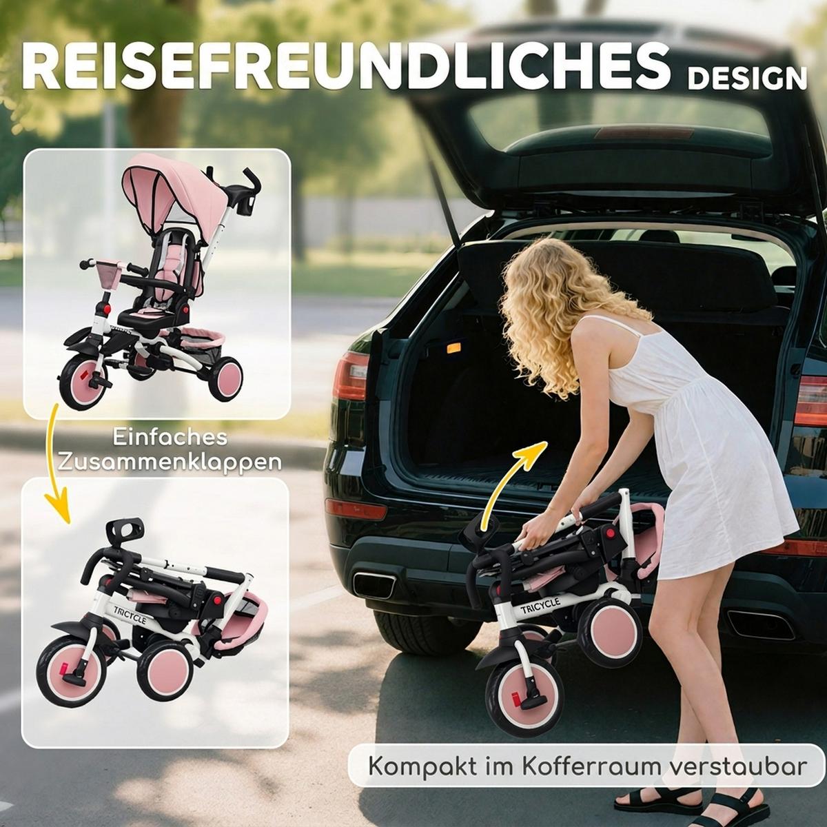 DREIRAD 6in1 mit Schubstange für 1-5 Jahre Kinderdreirad mit drehbarem Sitz Rosa - Rosa, Kunststoff (111.5/52/98cm) - AIYAPLAY