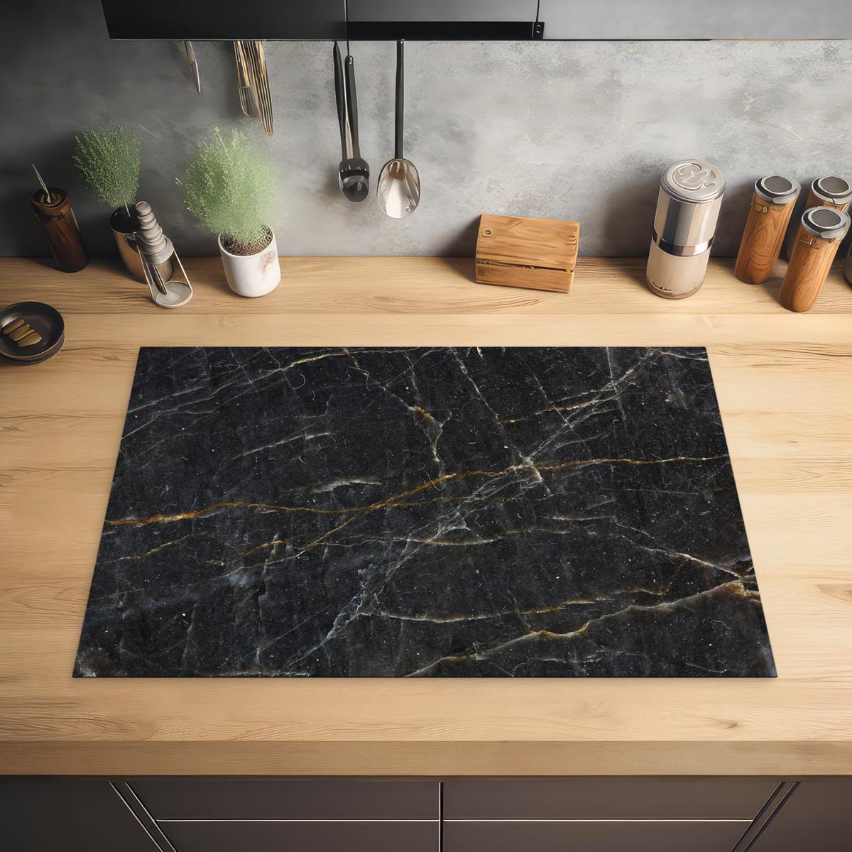 HERDABDECKPLATTE Marmor - Schwarz - Gold - Grau - Marmorstruktur Ceranfeldabdeckung 78x52 cm - Goldfarben, Kunststoff (78/52/0.2cm) - MuchoWow