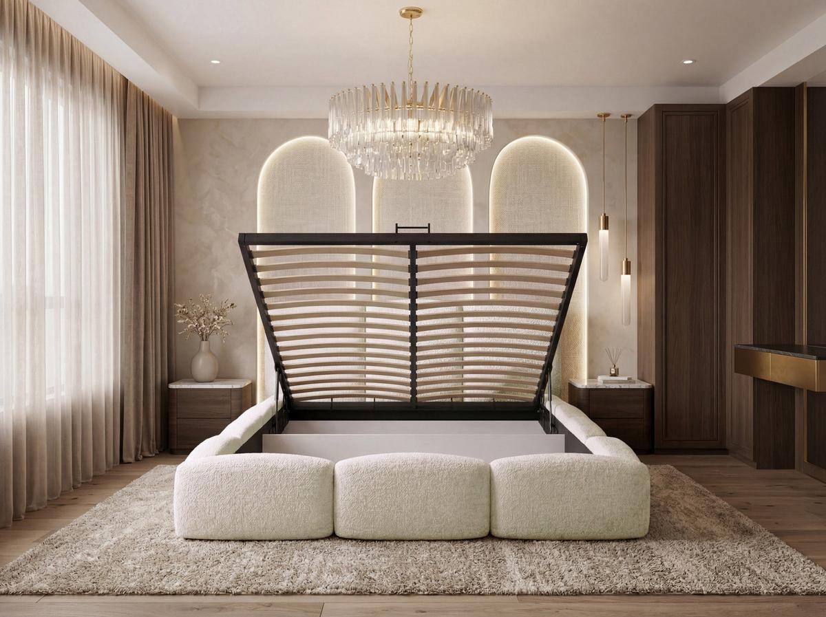 POLSTERBETT Harmony mit Bettkasten, Creme Boucle 200x200 cm - Birkefarben/Schwarz, Holzwerkstoff/Kunststoff (200/200cm) - WFL GROUP